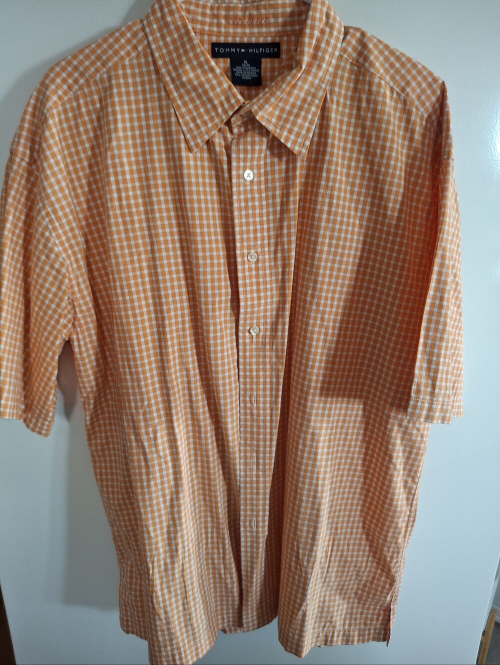 Tommy Hilfiger Orange and White Gingham Short-Sleeve Button-Down Shirt